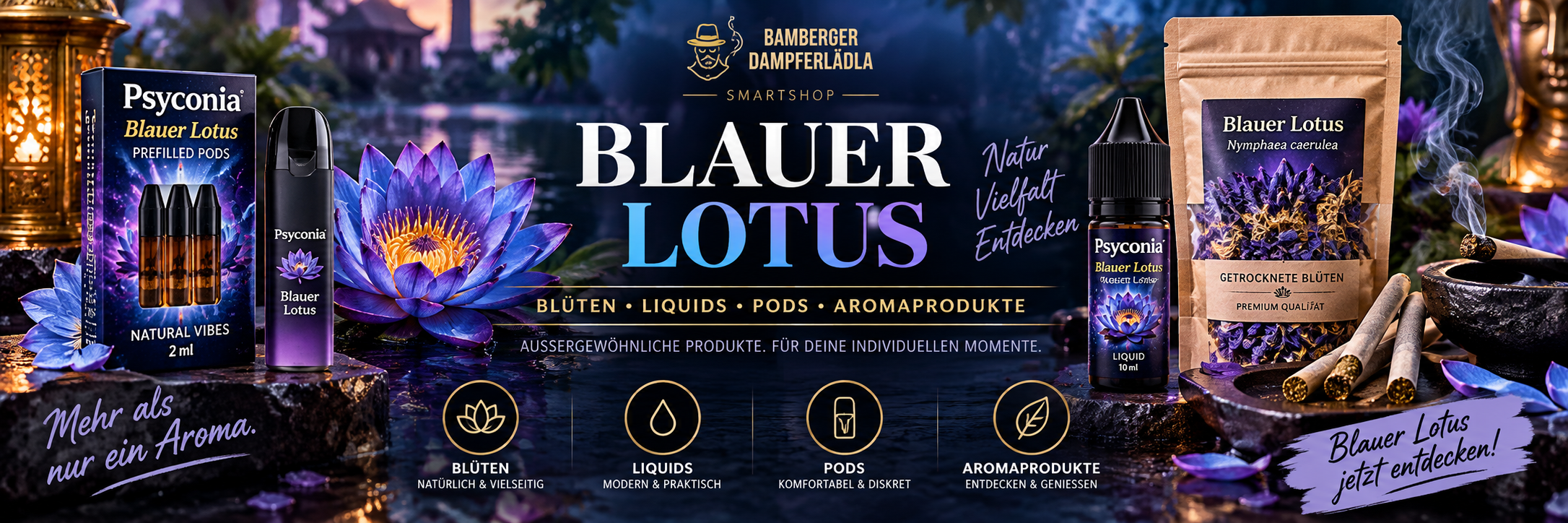 Blauer Lotus Produkte mit Blüten, Liquid, Pods und...