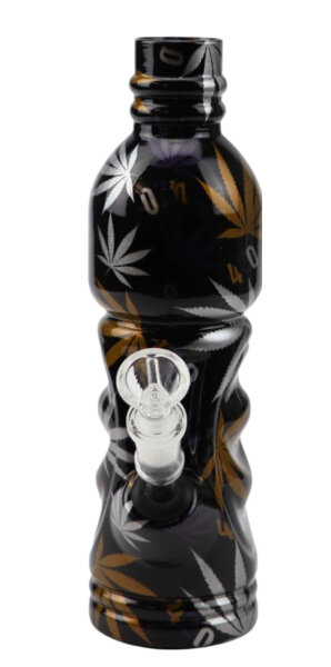 Bong Glas BOTTLE schwarz/Cannabis Design H25 cm